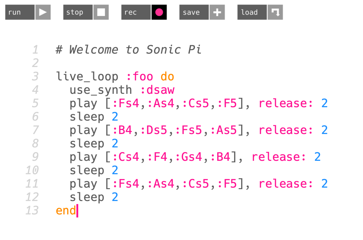 I-IV-V-I chord progression pasted into a Sonic Pi loop